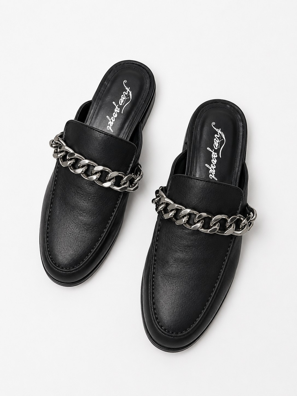 Free People Size 38 Vida Black Leather Silver Chain-Trim Mules